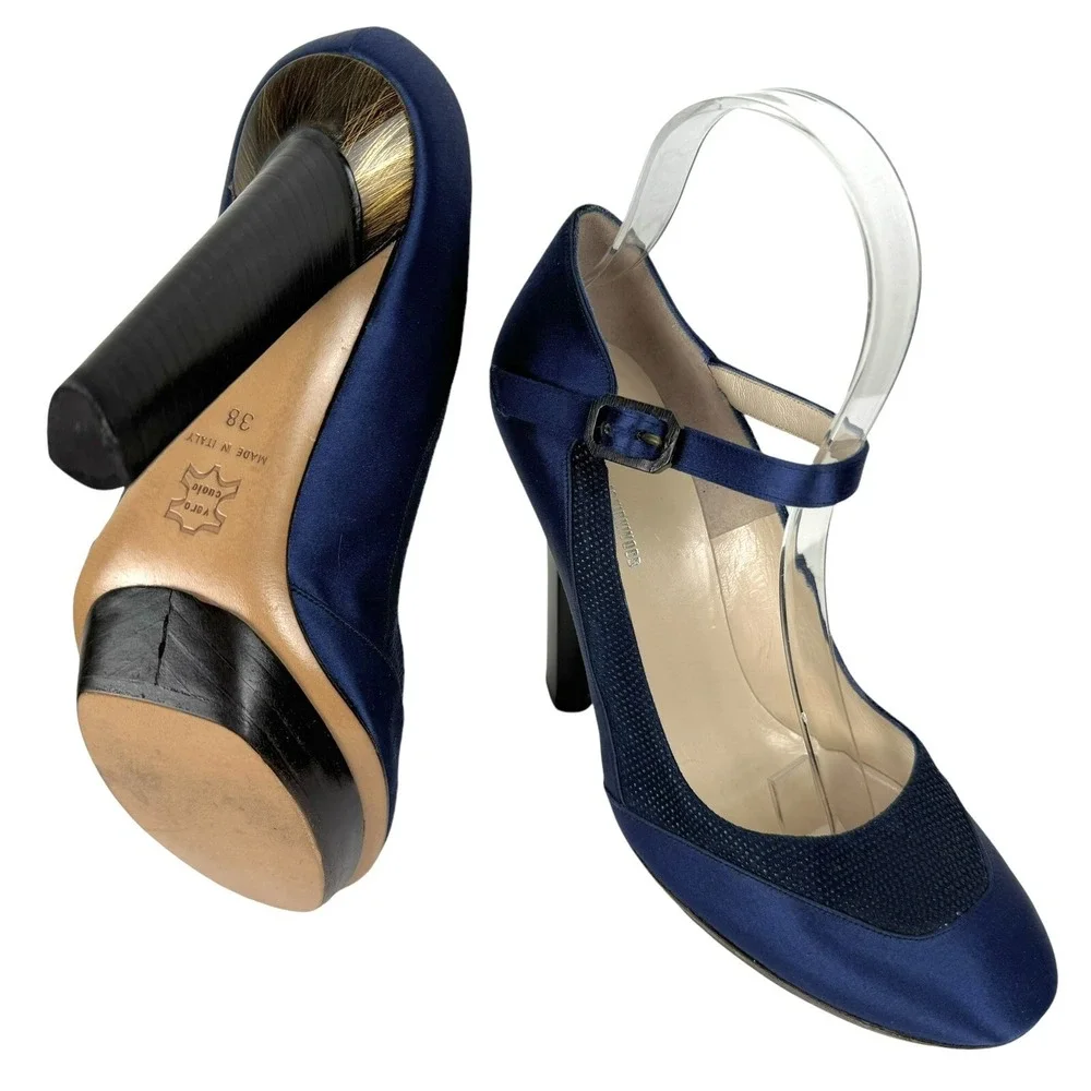 Nicholas Kirkwood High Heels EU 38 US 7.5 Navy Satin‎ Round Toe Italy Maryjane